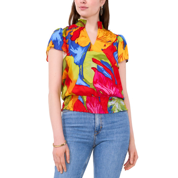 Sam & Jess Women Floral Print Smocked Waist Split Neck Top Orange Floral Size XS - Picture 1 of 3